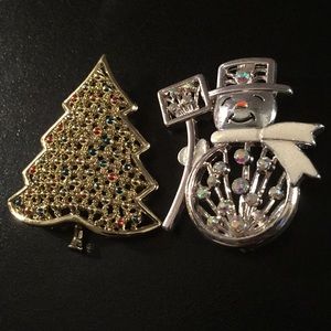 Snowman and Christmas Pin Brooches
